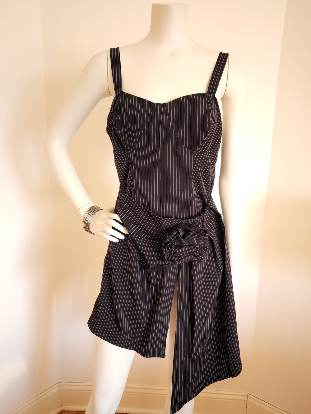 Black Pinstripe Sleeveless Dress with Waist Tie
